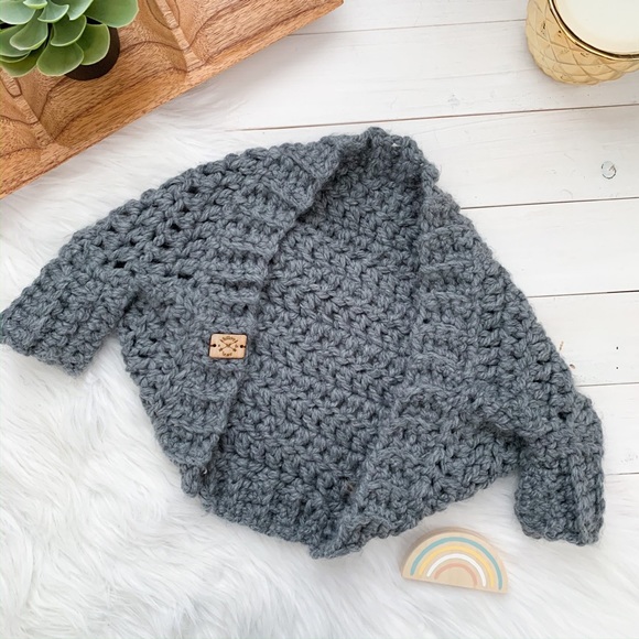 2/3 years Chunky Crochet Cocoon Sweater, Grey, Crochet Sweater, cardigan, Kids - Picture 3 of 3